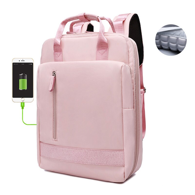 Waterproof Stylish Laptop Backpack Women 13.3 14 15.6 inch Korean Oxford Canvas USB College Backpack Bag Female Mochila: Pink / 15.6 inch