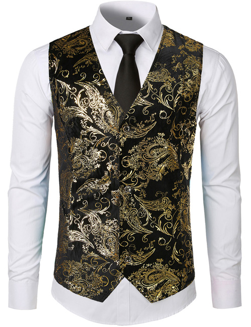 Steampunk Anzug Weste Männer glänzend Bronzing Paisley Blume Chaleco hombre schlank passen Ärmellose Hochzeit Rauchen Kleid Weste Weste Männer: Gold / USA M