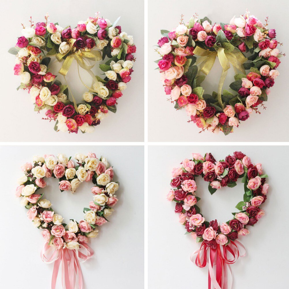 Artificial Silk Wreath Heart Shape Wall Decorative Flower Door Wreath For Proposal Wedding Valentines Day Hanging Garlands