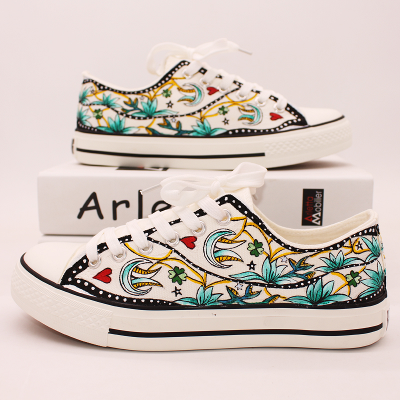 Casual canvas schoenen dames handbeschilderde sneakers canvas schoenen lage top platte zool vetersluiting herfstnieuws antislip maat 35-44