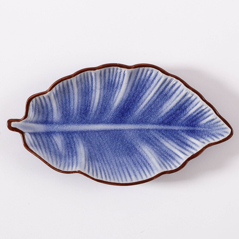 Japonés hielo Crack forma de hoja de cerámica, platos para aperitivos placa bajo esmalte de porcelana de la placa de la cena salsa picante plato de Sushi, torta bandeja: Blue