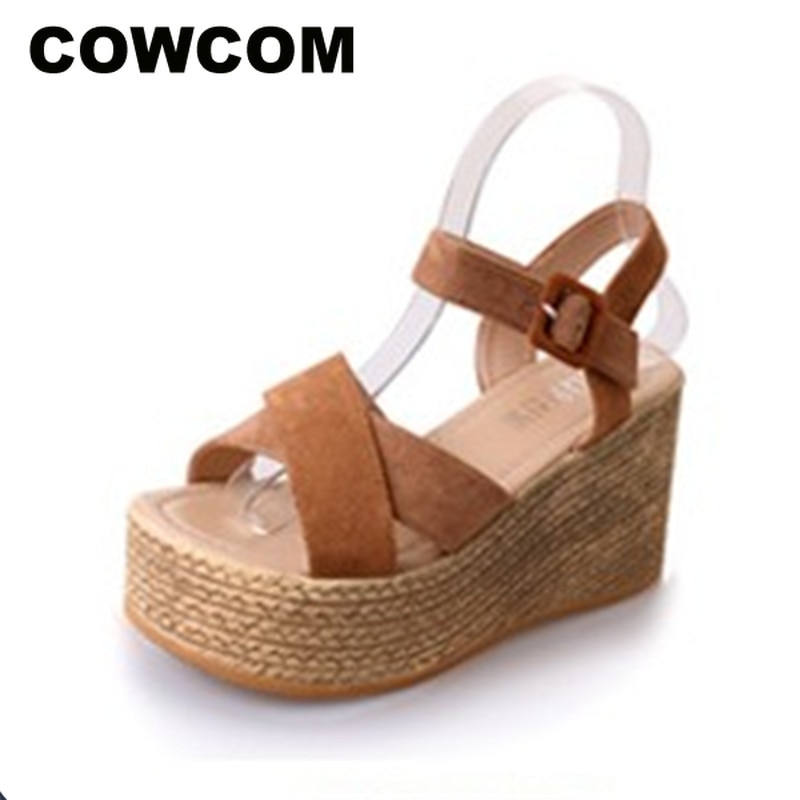 COWCOM femmes sandales Roman poisson bouche boucle Muffin couleur unie chaussures pour femmes tache mixte plate-forme haute Super HYKL-K-13