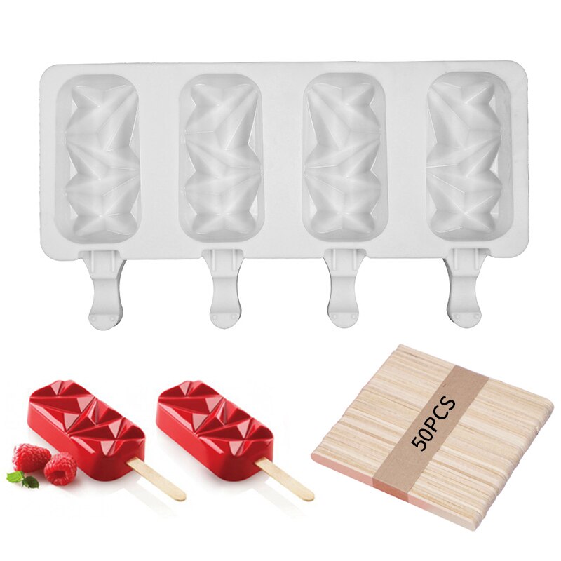 4 Cell Silicone Ice Cream Mould Diy Mold Ice Cube Tray Barrel Dessert Ice Cream Mold With Popsicle Sticks and Bags: 25.6x14.5x2.6cm-A
