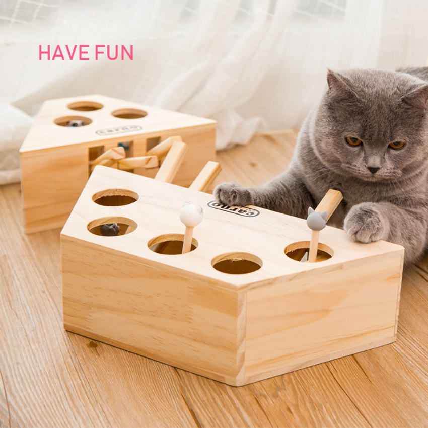 Cat Interactive Toys Whack Mole Mouse Exercise Toy Solid Wood Puzzle Box with 3/5 Cartoon Animals Hunt Toy for Pet Cat Kitten