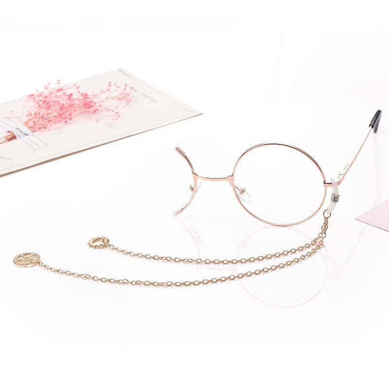 Vintage glasses with chain one eye round metal frame optical glasses steam punk style retro eyeglasses half frame: gold left