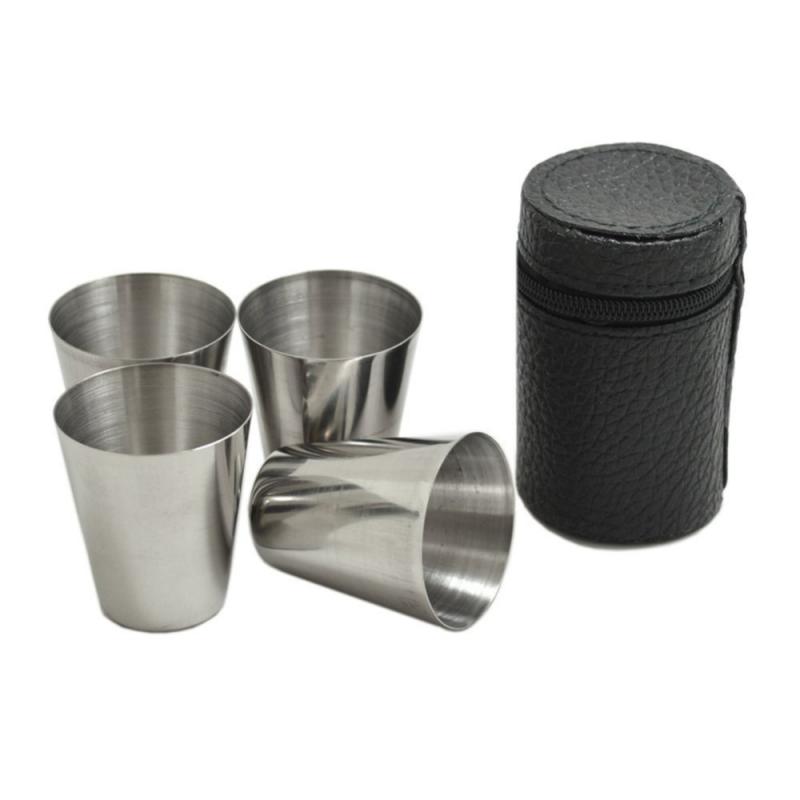 4pcs/lot 30ml Outdoor Camping Tableware Travel Cups Set Picnic Supplies Stainless Steel Wine Beer Cup Whiskey Mugs PU Leather