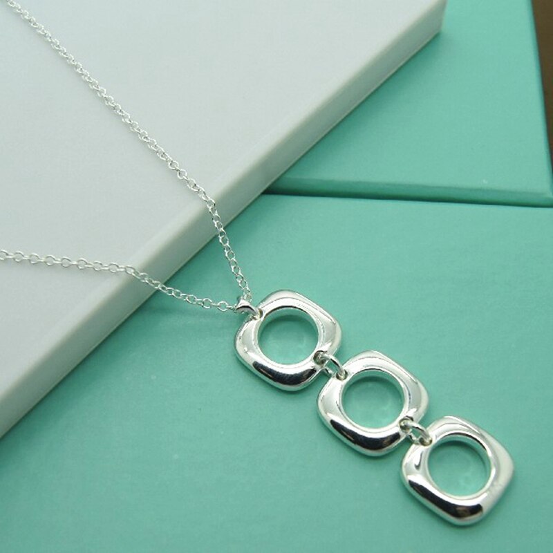 Sieraden 925 sterling zilveren ketting drie vierkante cirkel hanger ketting zilveren ketting vrouw bruiloft bruiloft