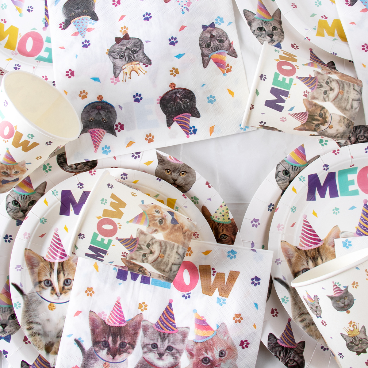 Decoración de de cumpleaños para gatos, pancarta de papel, plato, taza, adorno para pastel, juego de vajilla desechable, suministros para fiestas temáticas de gatos para niños