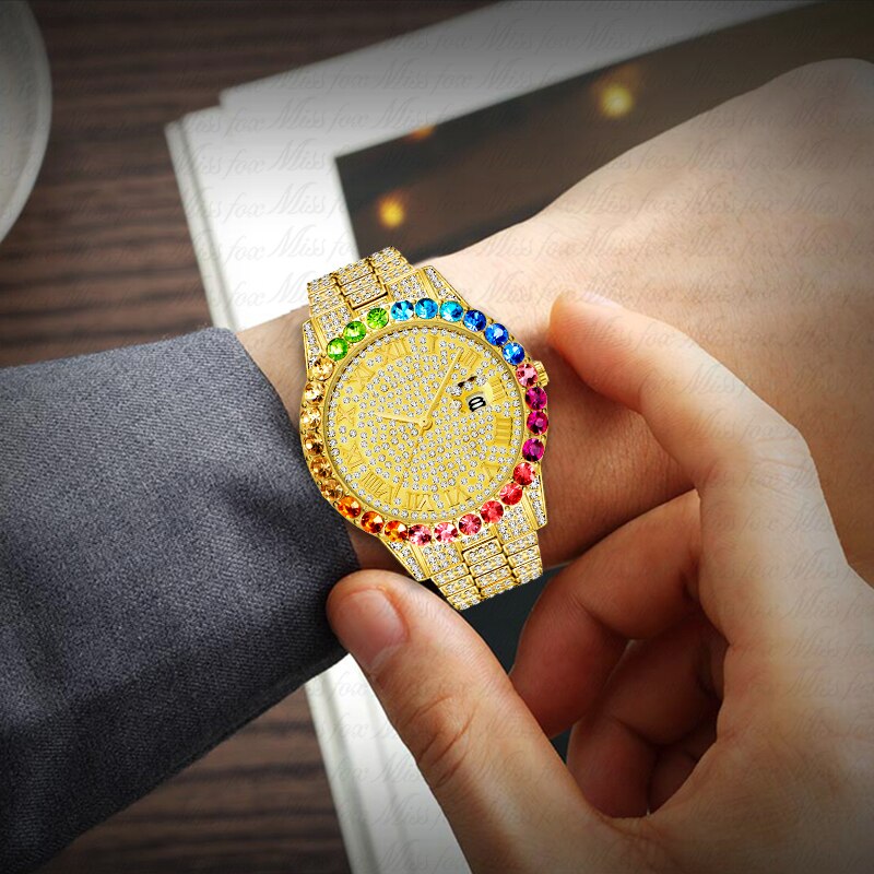 Reloj de oro arcoíris diamante para hombre, de lujo, oro de 18K, hecho a mano, de cuarzo y cristal de hielo