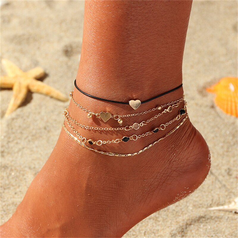 5Stck mehrschichtig Herz Knöchel Armbinde einstellen Für Frauen Jahrgang Gold Kette Schwarz Seil Fußkettchen einstellen auf Bein Strand Fuß boho Schmuck: Ursprünglich Titel