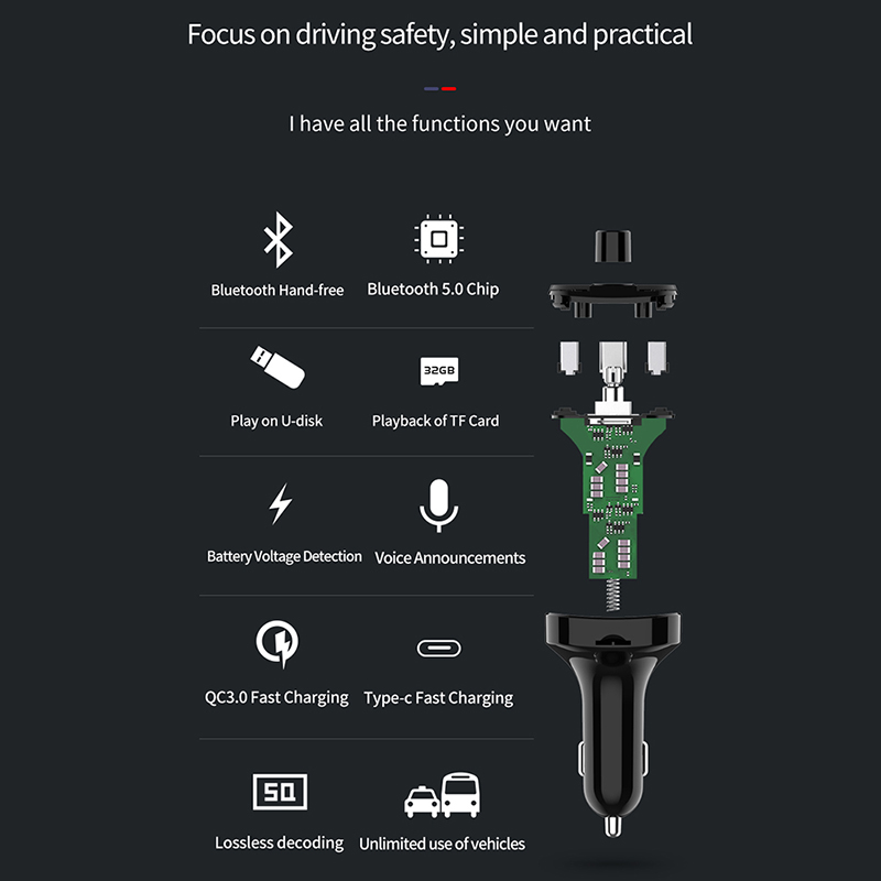 Bluetooth 5.0 Fm Transmitter Car Kit QC3.0 Dubbele Usb Autolader Met Led Rooster Screen Eq Modus MP3 Modulator