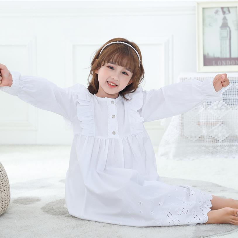 Vestido de dormir de manga larga con volantes para niña, Camisón de algodón calado, ropa de casa de princesa para niña de 3 a 12 años, wz82: 11-12y 150