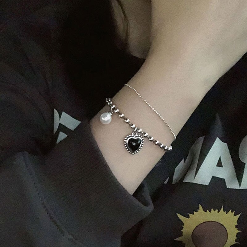 Foxanry-pulsera de cuentas con forma de corazón para mujer, cadena con colgante de perlas de amor, color negro, Simple, , para novia, 925