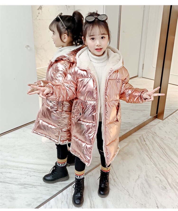 Pink Gilding Fabric Glossy Long Jacket Winter for Girls Hooded Warm Glossy Down Cotton Boys Outerwear Children's Parkas Coats