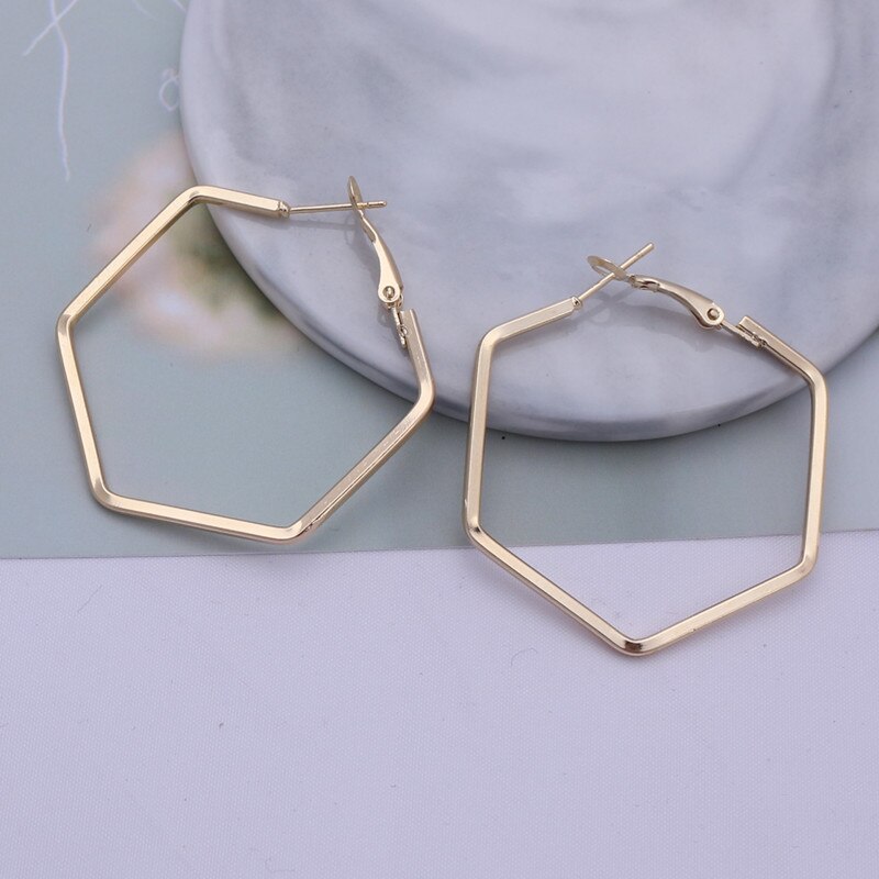 Pendientes de aro hexagonales geométricos para mujer, aretes de aleación de Metal, oro rosa, estilo Punk, 3 colores