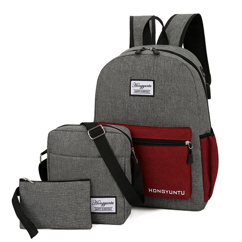 Ich bin Freien Drei-Stück Leinwand Einfarbig Rucksack Reisetasche Reißverschluss Große Kapazität Eimer Rucksack # T2