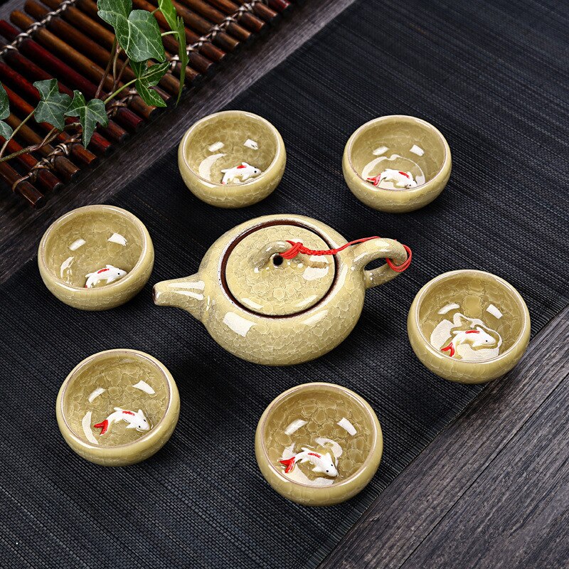 Newl Celadon Fish Tea Set Ceramic Kettle Ceramic Tea Cup Fish Chinese Kung Fu Tea Chinese People Ceramic Kung Fu Tea Set TE889: YELLOW