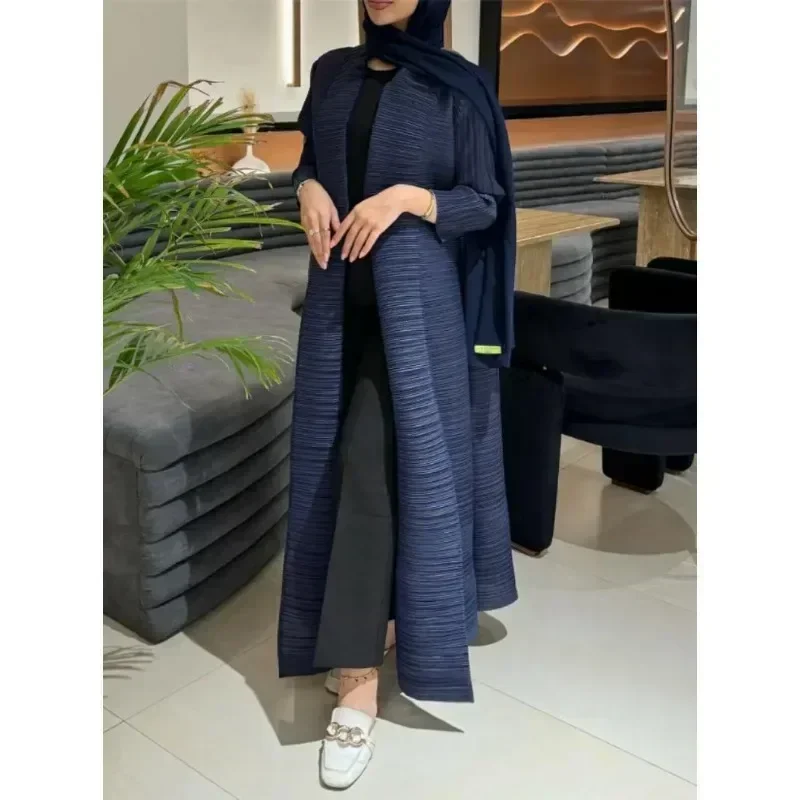 Gghk plisseret kvinders luksuriøse trenchcoat ensfarvet revers langærmet cardigan vintage løs stor størrelse arabisk abaya til kvinder: Flerfarvet