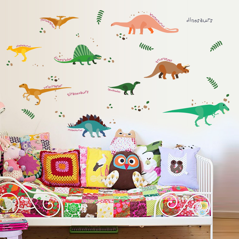 Pegatinas de pared de dinosaurios para guardería, decoración del hogar, Mural de animales de dibujos animados, arte artesanal, calcomanías de pared para habitación de niños