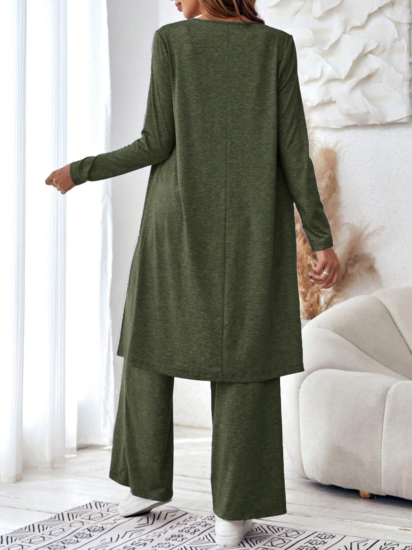 Autumn casual loose three piece set women's vest pants cardigan three piece set V-neck suspender+straight leg pants+