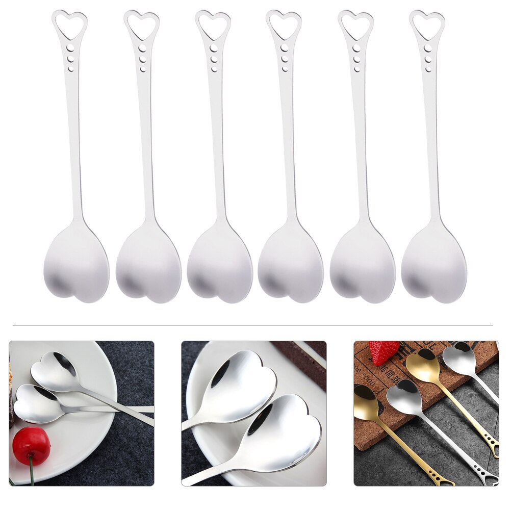 6pcs Heart Shaped Spoons Stainless Steel Spoons for Cake Tea Sugar Ice Cream Fruit