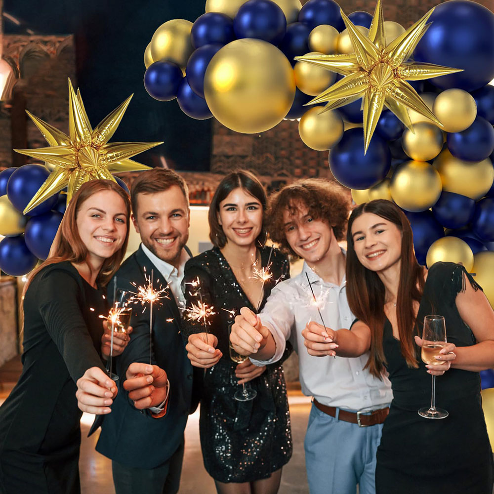 104 Uds. Kit de guirnaldas de arco de globos azul marino y dorado con globos de estrella de explosión para decoraciones de de cumpleaños de Año de boda