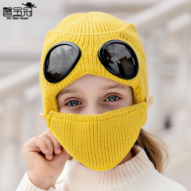 Art 2 in 1 Rippen betroffen Mütze Hütte Mund Maske einstellen Winter Warme Winddicht Schnee Gefesselt Earflap Kappe mit Brille brille: Gelb