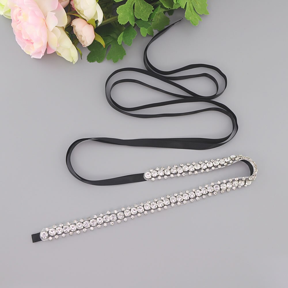 ZMS42 Rhinestone Belt with Ribbon Sequin Bridal Thin Wedding Dress Sash Sparkly Silver Party Women's Belts Accessories: Black