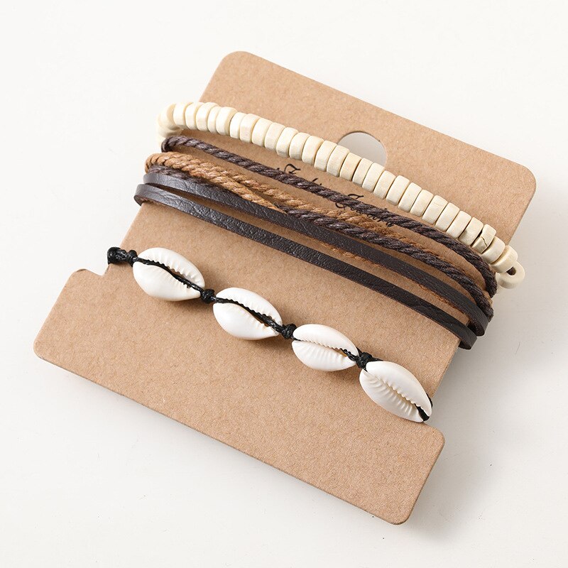 2Pcs Sea Shell Charm Braided Multilayer Leather Bracelets Set Handmade Wood Beads Wrap Bangles For Men Boys