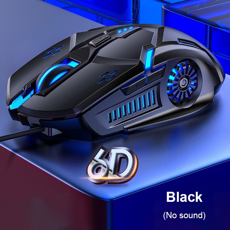 Gaming mus usb kablet 4- speed 3200 dpi rgb led lys 6 nøgle knap spil mus til pubg computer bærbar pc lydløs mus 6d: Sort ingen lyd