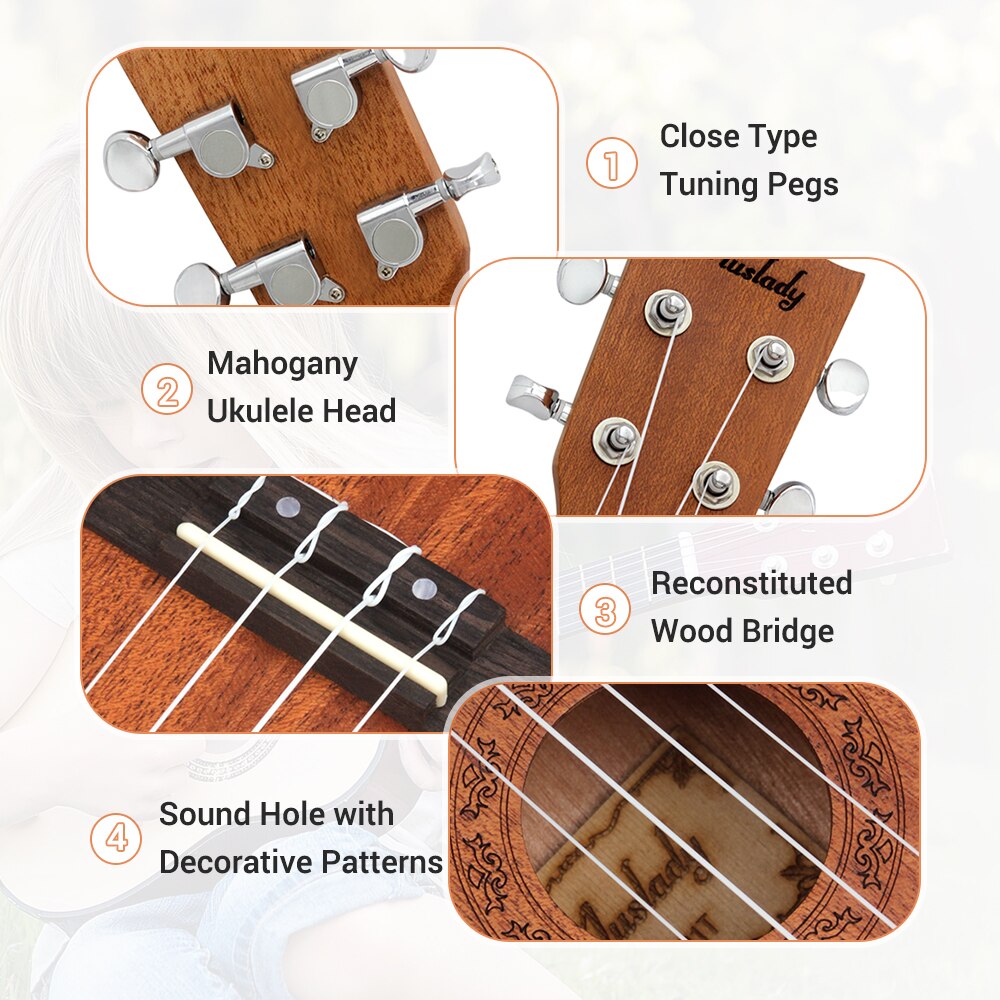Muslady-Ukelele Soprano de madera de caoba, 21 pulgadas, con bolsa de transporte, sintonizador de cuerdas, púas de celuloide,