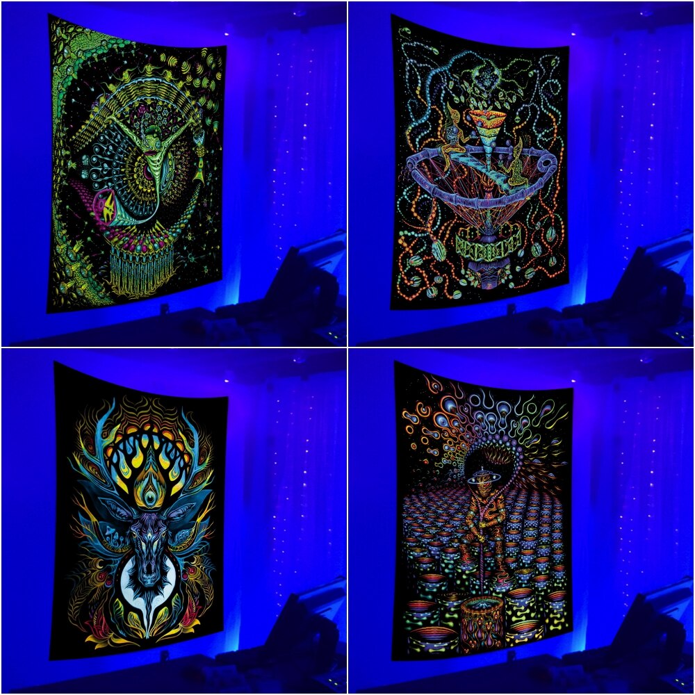 Psychedelic Black Light Tapestry UV Reactive Tapestry Hippie Decor Wall Hanging for Bedroom Dorm Indie Room Decor