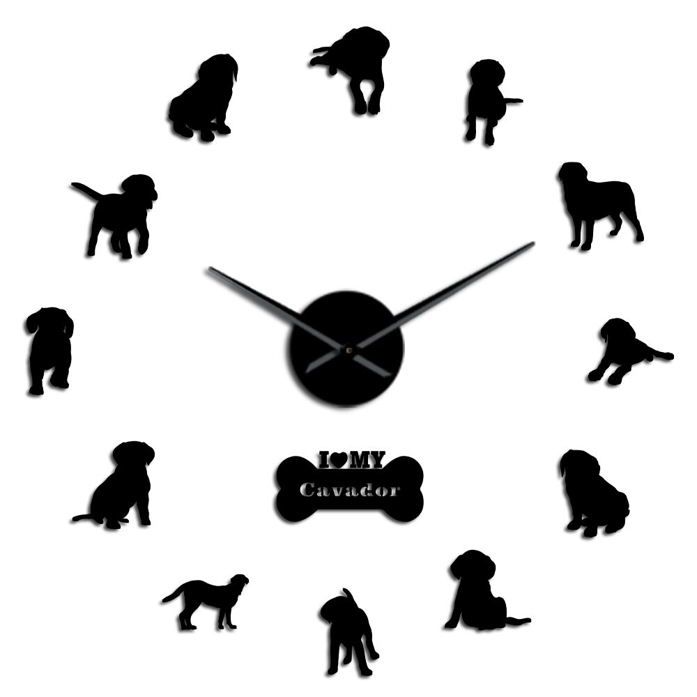 Gemengde hondenras cavador 3d acryl diy wandklok cavalier king charles spaniël labrador retriever puppy hondje huisdier wandhorloge: Zwart / 27 inch