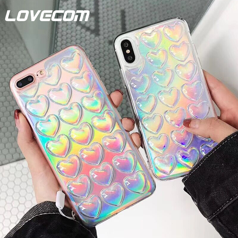 LOVECOM Gradient Iridescent 3D Love Sequin Phone Case For iPhone XR X XS Max 7 8 6 6S Plus 5 5S SE Phone Protector Soft Cover