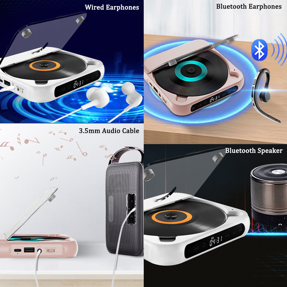 Tragbarer cd-player mit 5 wiedergabemodi, mini-musik-cd-walkman für studenten, männer und frauen, touchscreen, bluetooth-kopfhörer