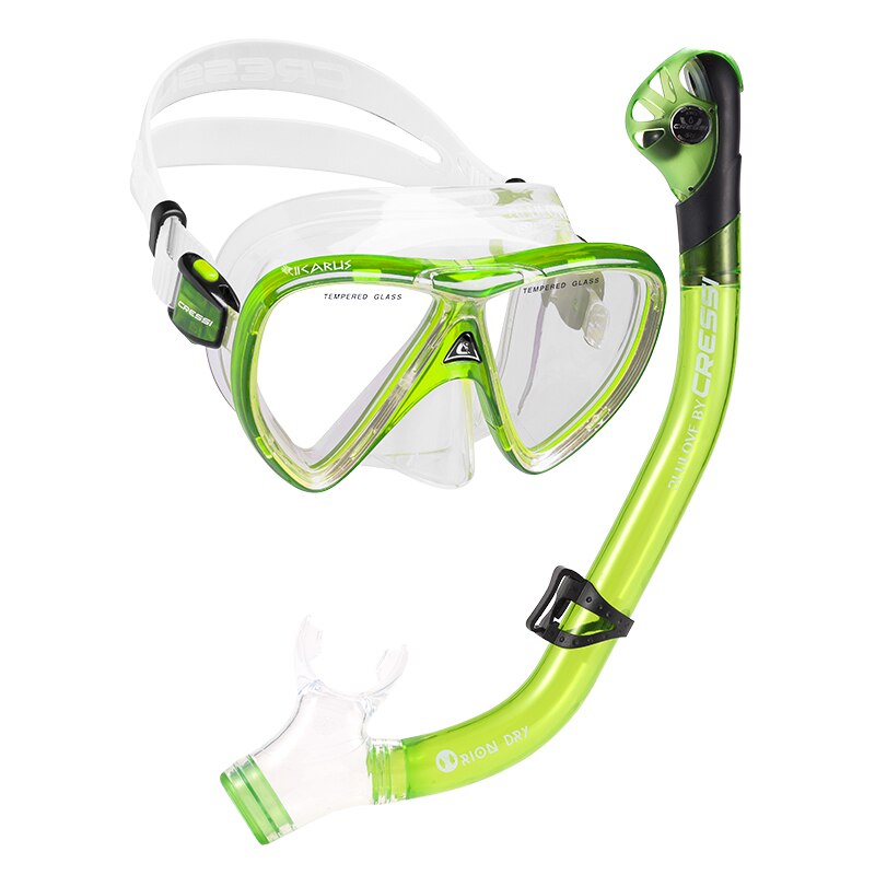 Cressi IKARUS-máscara de buceo, conjunto de esnórquel, máscara de silicona de secado superior, Combo de lentes de vidrio templado para adultos: TRANSLUCENT LIME