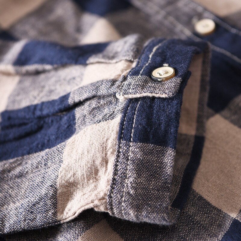 Kolme neljäsosaa hihat ruudullinen paidat mies puuvilla pellava rento yksi tasku topit seisomakaulus hengittävä miesten vaatteet  y2930