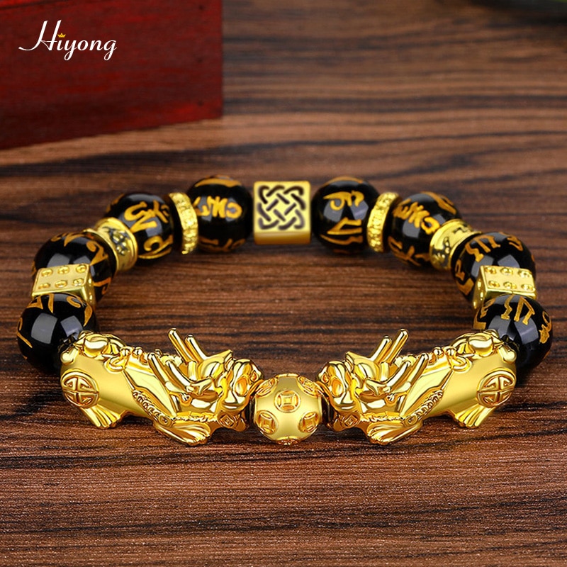 Zwart Obsidiaan Steen Kralen Armband Bixie Feng Shui Armband Goud Kleur Boeddha Geluk Rijkdom Armbanden Voor Vrouwen Mannen Sieraden