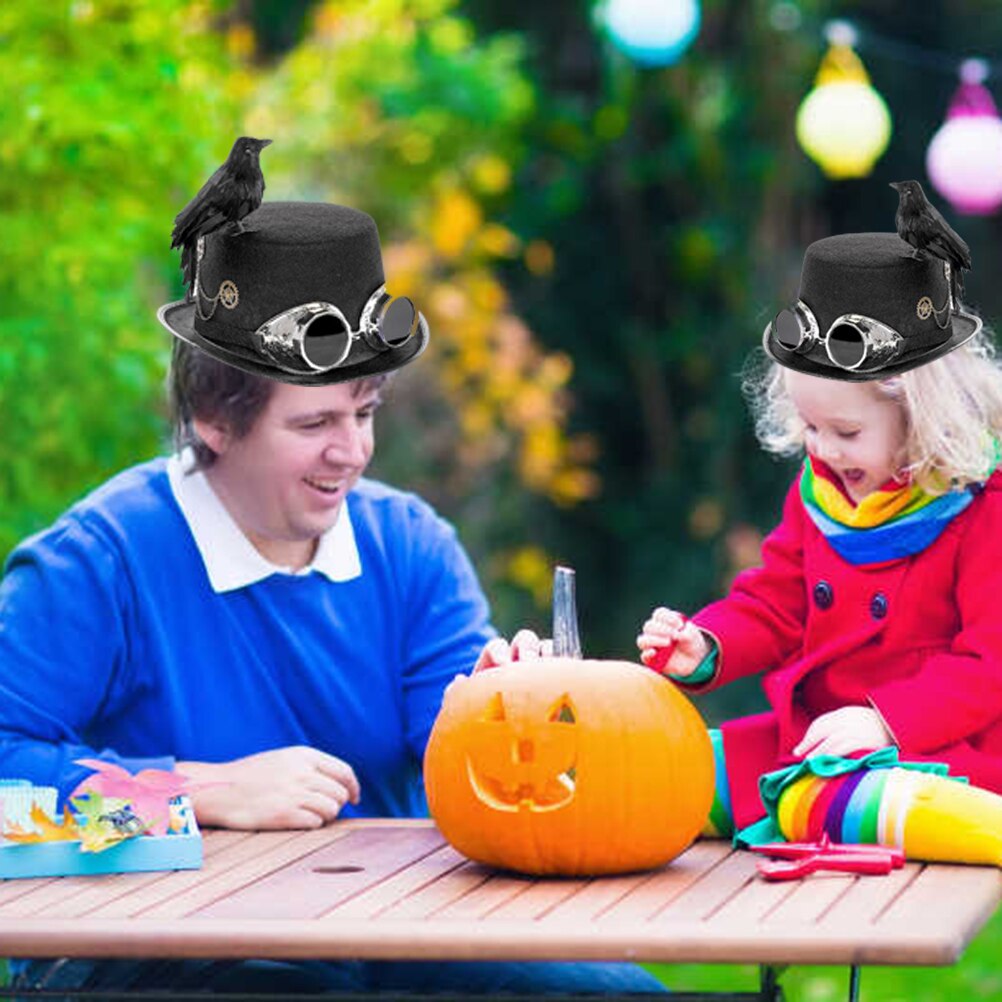 Halloween Carnival Retro Gothic Steampunk Crow Hat with Goggles Gears Black Crow Bird for Costume Party