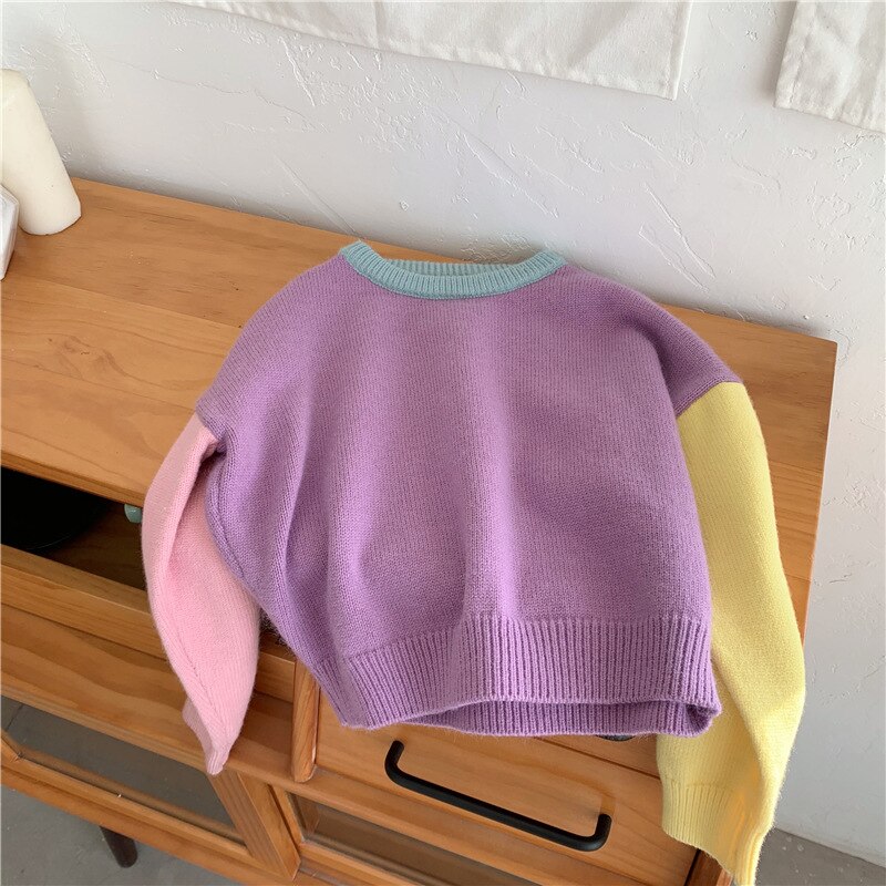 Efterår piger drenge sweater bomulds sweater farve patch børn sweater afslappet strik pullovere: 2t