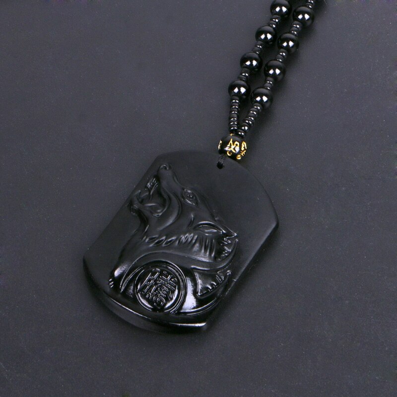 Javrick Black Obsidian Wolf Ketting Carving Wolf Hoofd Amulet Hanger Met Ketting Obsidiaan Blessing Lucky Hangers Sieraden