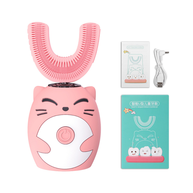 Brosse à dents électrique ultrasonique automatique en silicone, 360, pour enfants, brosse à dents en forme de U, intelligente, mignonne, dessin animé: B-pink 7-15Y