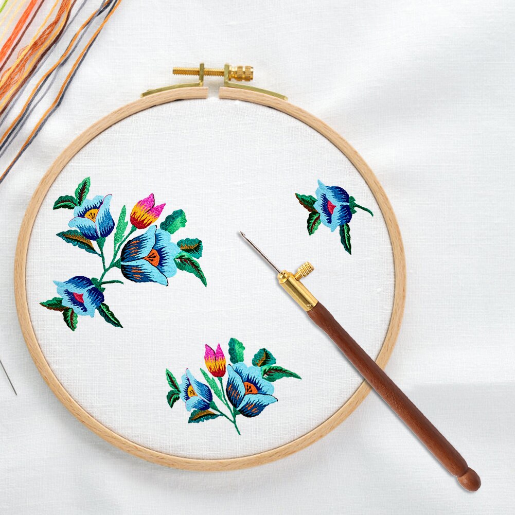 Embroidery Wooden Handle Crochet Hook with 3 Needles French Crochet Embroidery Beading Hoop Sewing Tool Set DIY Craft