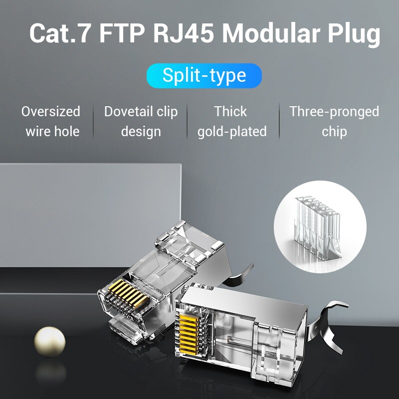 Vention Cat7 RJ45 Connector Cat7/6/5e STP 8P8C Modular Ethernet Cable Head Plug Gold-plated for Network RJ 45 Crimper Connectors