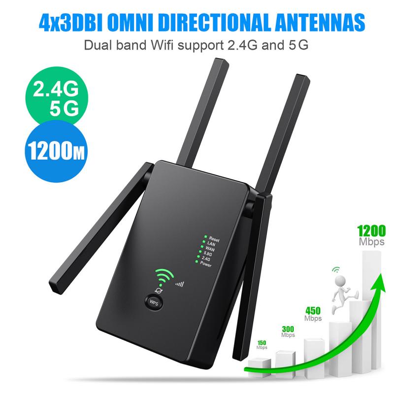 AC1200M sans fil WiFi répéteur Extender 2.4/5Ghz double bande 4 antennes externes anti-parasitage haute sécurité Wifi Booster US EU