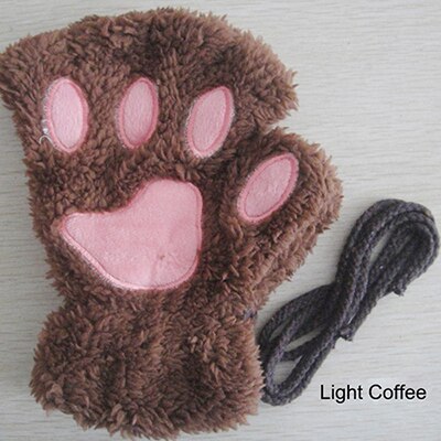 Kvinnor vinter varm katt-pad katt tasshandskar fingerlösa fluffig björn katt plysch tass tjejer cosplay handskar 1 par: Lätt kaffe