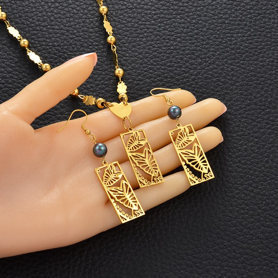 Anniyo Hawaiian Jewelry sets Leaf Black Pearl Necklace Earrings Marshallese Guam Micronesia Chuuk Pohnpei Wedding #150421