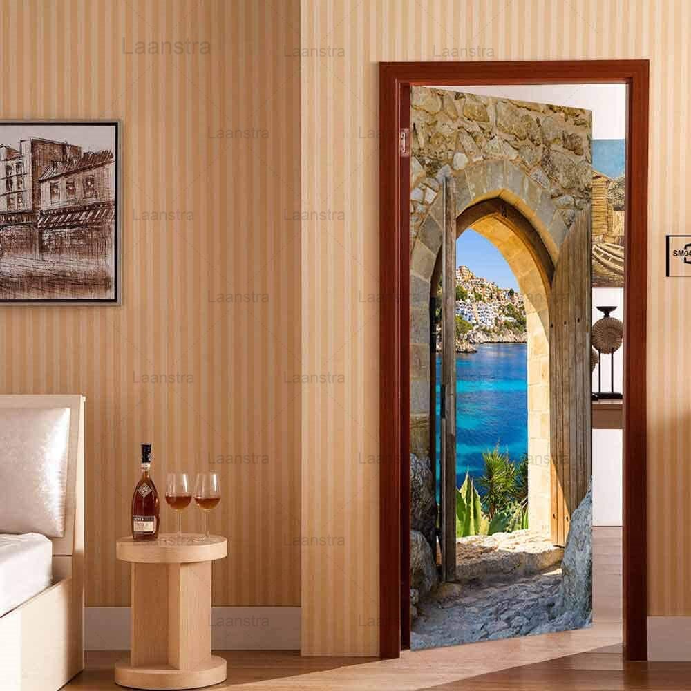 Retro Roman Home Decoration Door Stickers Landscape Bedroom Door Outside The Arches Room Self-Adhesive Waterproof Wall Poster