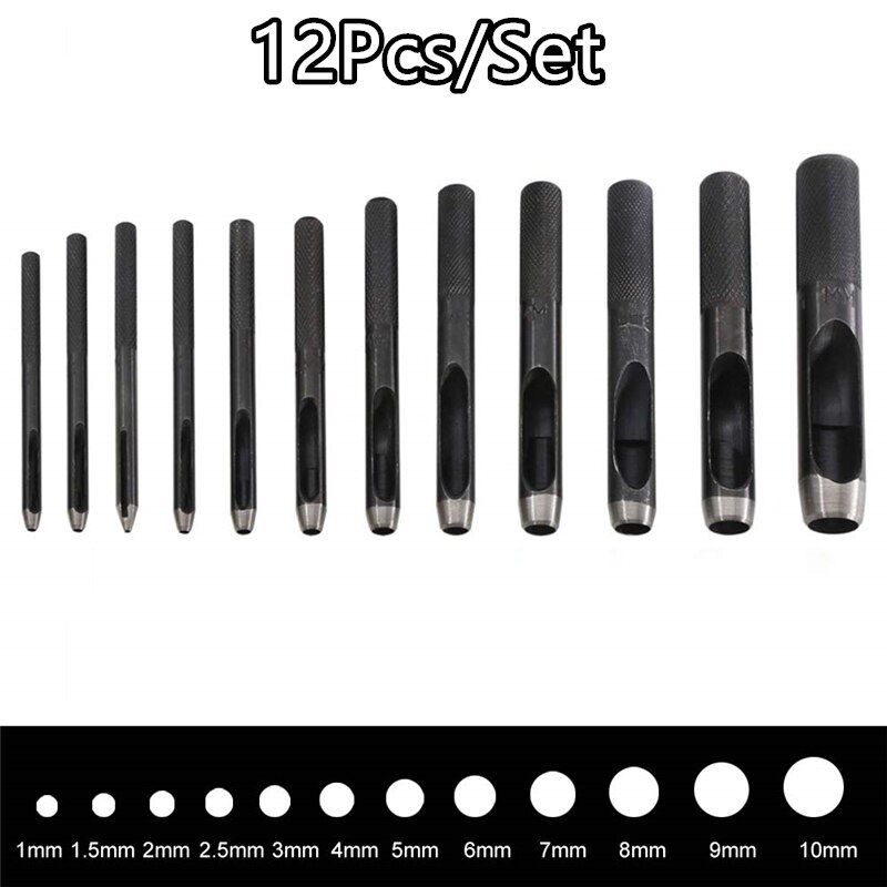 12 pièces/lot costume poinçonnage 1mm-10mm rond en acier au carbone en cuir artisanat trou perforateur montre ceinture bande en plastique caoutchouc outils