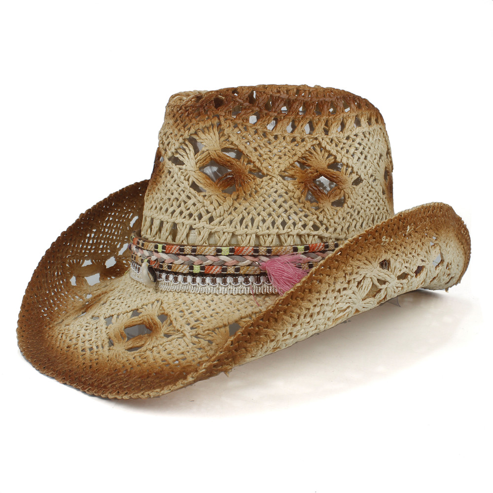 sommer Frauen Stroh Hohl Western Cowboy Hütte Dame Handgemachte Quaste Sombrero hombre Strand Cowgirl Sonne Hütte Größe 56 -58 CM